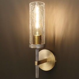vookea 15" Knurled Brass Wall Sconce with Crackle Glass Tube, Bronze Bathroom Vanity Light Fixtures, Modern Lamp Lighting for Bedroom, Living Room, Hallway, Staircase, Mirror, Kitchen