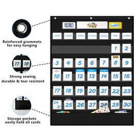 VNOM Calendar Pocket Chart Kids Calendar Learning for Preschool Classroom,119 Multiple Colorful Cards Included,26x34 Inch (BLACK)