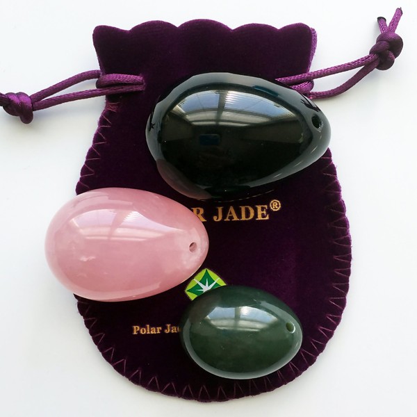Yoni Eggs 3-pcs Set Made of 3 Gemstones: Nephrite Jade, Rose Quartz and Obsidian, Drilled, Full Range 3 Sizes for Most Women as Kegel Exercisers and Pelvic Toners