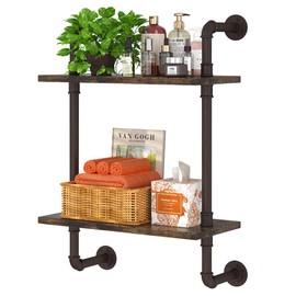 Helsin 2 Tier Industrial Pipe Floating Bathroom Shelves, 16inch Rustic Wood Wall Mounted Shelf, Storage Rack Sundries Holder for Kitchen Office Bathroom Organization & Home Décor