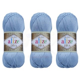 Alize Diva Yarn Hand Knitting Yarn 100% Microfiber Acrylic Yarn Alize Diva Silk Effect Thread Crochet Art Lace Craft Lot of 3 skeins 400gr 1314yds Color (350 - Sea Blue)