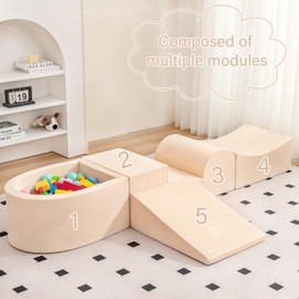 Tiita Foam Climbing Blocks with Small Ball Pit Playground for Baby, Climb and Crawl Playset 5-Piece - Indoor Soft Play Climber for Playtime Fun, Beige