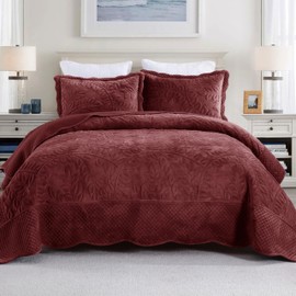 MarCielo Embroidered Velvet Quilt Set with 2 Pillow Shams,Soft Oversized Bedspread Coverlet Quilted Bedding for All Season(Rustic Burgundy,Queen(98" X 92"))