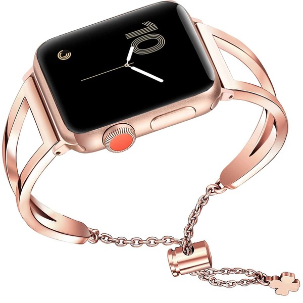 NINKI Rose Gold Bangle Compatible 41mm Apple Watch 9 Band Bracelet 41mm 40mm 38mm for Women,Metal Dressy Adjustable Chain Womens Straps for Apple Watch Series 9 8 7 6 5 4 3 2 1 SE iWatch Band Small