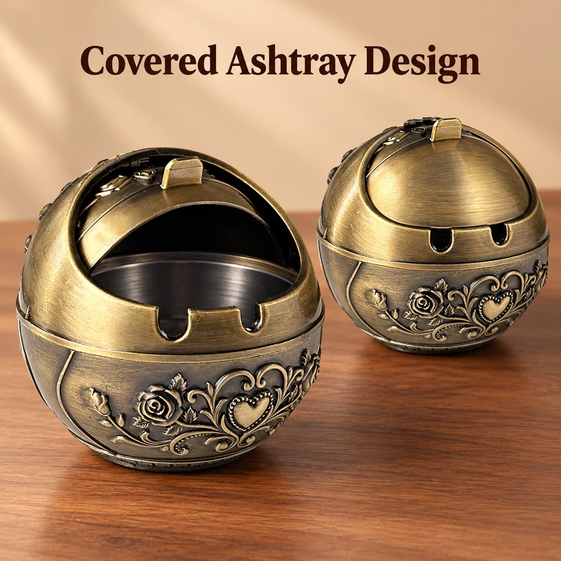 Retro Metal Ashtray with Lid – Decorative Covered Ashtray for