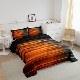 Feelyou Orange and Gray Striped Bedding Set Queen, Geometric Abstract Ombre Comforter, Gradient Lines for Kids, Black Striped Duvet Set 3Pcs