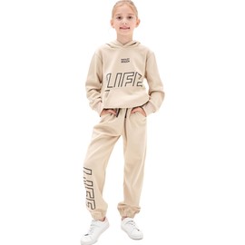 NATUST Kids Tracksuit Hoodie with Jogger Sweatpants Sports Activewear Set Girls Boys Khaki 9-10 Years (manufacturers's size: 140)
