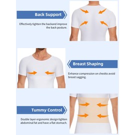 MISS MOLY Compression Shirts for Men Tummy Control Undershirt Gynomastica Slimming Short Sleeve Waist Trainer Shapewear White M
