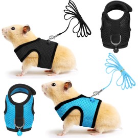SATINIOR 2 Pieces Guinea Pig Clothes Baby Ferret Rats Hamster Soft Mesh Harness Leash Vest Set with Bell for Guinea Pigs, Hamster, Ferret, Rabbit, Chinchilla and Similar Small Animals (Blue, Black,S)