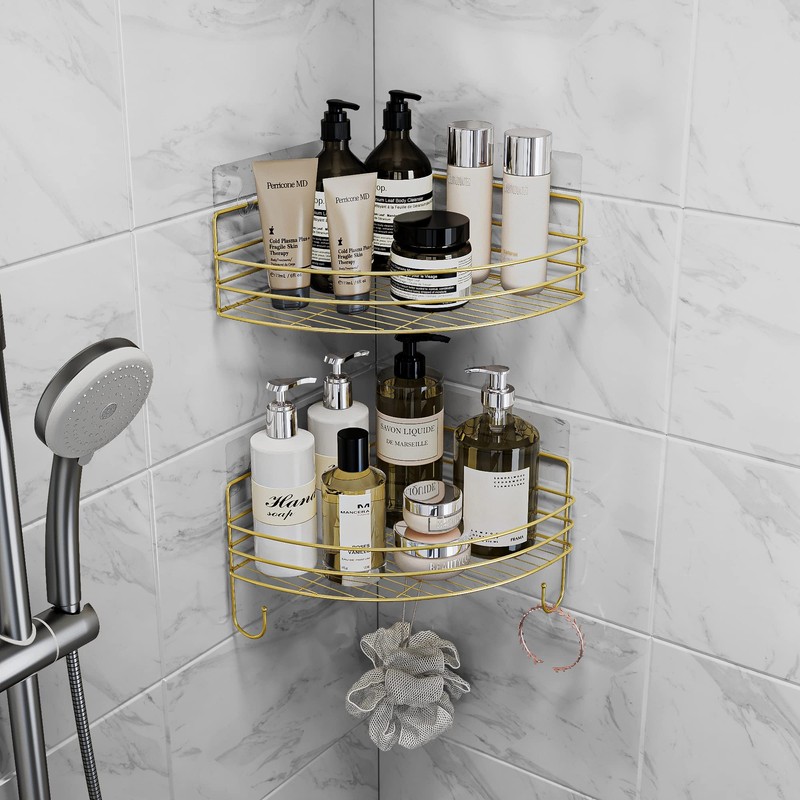 Corner Shower Shelves with 4 Hooks, 2-Tier Stainless Steel Bathroom