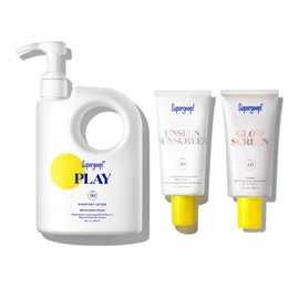Supergoop! Best of SG! Bundle with Play 18oz, Unseen SPF 50 1.7oz & Glowscreen Sunrise, 1.7oz