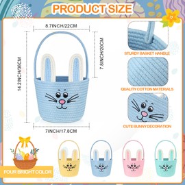 Woven Easter Baskets Bunny Woven Baskets with Handles Easter Eggs Hunt Baskets Rabbit Cotton Rope Basket Baby's First Easter Basket Gift for Toddler Boys Girls(Macaron Blue)