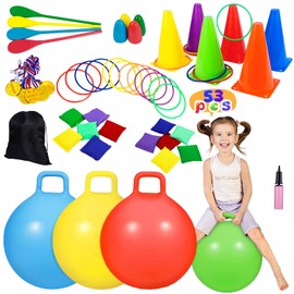CWLAKON 53Pcs Carnival Outdoor Games Combo Set, Hopper Balls for Kids, Soft Plastic Cones Bean Bags Ring Toss Game, Egg Spoon Relay Race, Field Day Family Reunion Outside Yard Lawn 4th of July Games
