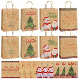 BOLZRA Kraft Christmas Gift Bags with Handles, 10.6''x4.4''x8.7'' Christmas Kraft Paper Prints with Xmas Tree, Snowman, Santa Claus for Presend Wrap Goody Bags, School Party Favors, 20Pack
