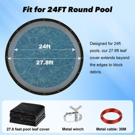 27.8FT Round Leaf Net Cover for 24FT Above Ground Pools - Heavy-Duty, with Winch & Cable, Blocks Leaves & Debris (Black)