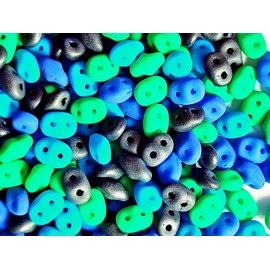 1.23 oz (35 g) Glass Beads Mix 2.5x5 mm, 2 Holes, SuperDuo - Black with Neon Blue/Green, Czech Glass