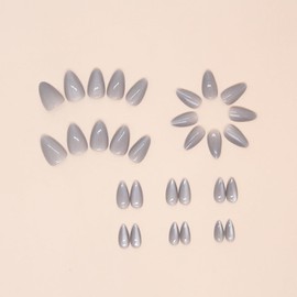 Cat Eye Press on Nails Medium Almond Fake Nails Grey False Nails Solid Color Artificial Nails Full Cover Glossy Reusable Coffin Nails Artificial Acrylic Nails Glue on Nails for Women 24Pcs