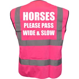 Bright Pink High Visibility Vest with White Text HORSES PLEASE PASS WIDE & SLOW- HORSE RIDING By Brook Hi Vis X-Large