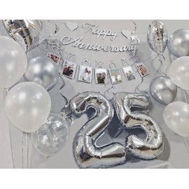 Concico 25th Anniversary Decorations Party Supplies Set of Happy Anniversary Photo Banner and Balloons,Hanging Swirls for 25 year Wedding decor(silver)