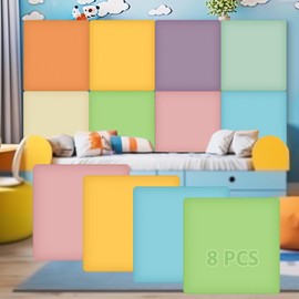 Hahafelt 8 Pack Wall Padding for Playroom Peel and Stick Headboard 11.81" x 11.81" x 1.18" 3D Anti Collision Upholstered Wall Panels Self Adhesive Headboard Panel for Protection (Fresh Colors)
