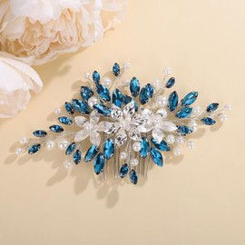 Teyglen Peacock Blue Crystal Wedding Hair Comb Flower Bridal Hair Comb Handmade Pearl Rhinestone Headpiece Hair Accessories for Women Wedding Hair Piece (Peacock blue)