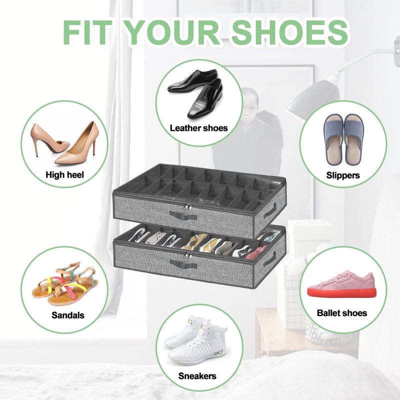 32 Pairs Shoe Organizer Under Bed, Underbed Shoe Storage Boxes