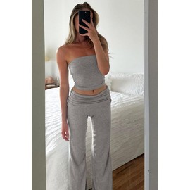 Vyolu Summer Sexy Sweatsuits Women's 2 Piece Workout Lounge Sets Outfits Casual Crop High Waist Wide Leg Foldover Flare Pant