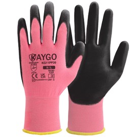 KAYGO Work Gloves PU Coated 12 Pairs, KG11PF, Safety Working Gloves with Secure Grip on Palm & Fingers, for Men and Women, Ideal for General Duty Work, Gardening(Large, Pink)