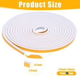 16Feet Weather Stripping Seal (1/2 Inch X 1/4 Inch) for Door Window, High Density Foam Tape, Soundproofing, Insulation Strip, Door Sealers for Door Frame- White