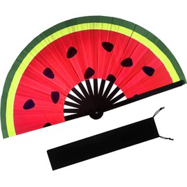 Prario UV Glow Clack Handheld Fan with Fan Bag, Large Folding Hand Rave Fan, for Music Festivals, Carnival, Rainbow Outfits, Disco & Glow Party Decorations