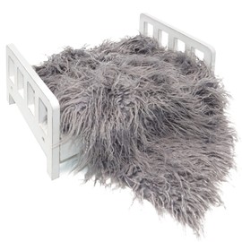 SPOOKI Newborn Photography Props Bed, White Wooden Baby Photoshoot Props Bed, Doll Bed with Dark Grey Blanket & Box for Newborn Photoshoot (A)