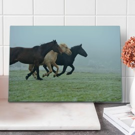 Lunarable Outdoorsy Cutting Board, Strength and Freedom Concept Picture of Running Horses Foggy Fall Day, Decorative Tempered Glass Cutting and Serving Board, Large Size, White Brown and Green