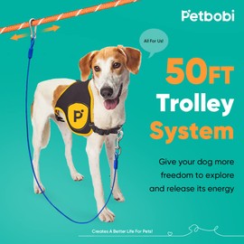 Petbobi Dog Runner for Yard 50FT, Dog Tie Out Cable for Camping with 10FT Dog Run Wire Cable, Portable Reflective Dog Lead Line with 360° Tangle Free &Heavy-Duty Clasp for Yard, Park, Orange
