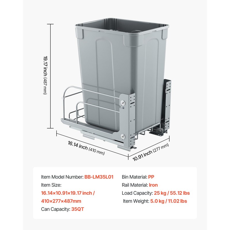 VEVOR Pull-Out Trash Can, 35 QT x2 Double Under Mount