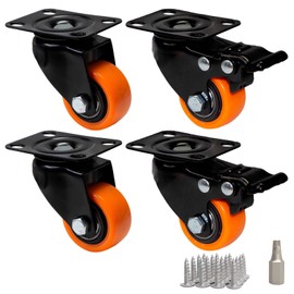 PRIOstahl Set of 4 Furniture Castors, 40 mm, Orange, Transport Castors with Brake, Heavy Duty Castors up to 200 kg per Set, Castors for Pallet Furniture, Traceless & Quiet for Many Floor Coverings for