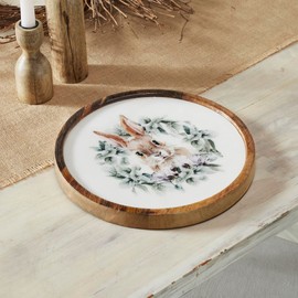 VHC Brands Bunny Hop Wooden Plate Natural w/Bunny & Wreath 11.5x11.5, Spring Decorations, Home and Table Decor, Spring and Easter Figurines