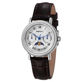 BERNY Women's Quartz Watch Moon Phase Analogue Watches Genuine Leather Strap Fashion Watches for Women 3ATM Waterproof, White, Bracelet