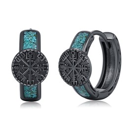 Viking Earrings for Men Women 925 Sterling Silver Compass Hoops Turquoise Huggie Hoop Earrings Gothic Punk Cool Norse Viking Jewelry Gifts, 15 mm, Sterling Silver, No Gemstone