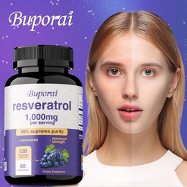 Resveratrol 1000mg Antioxidant Brain and Heart Support for Healthy Aging Supports Normal Cellular and Cognitive Health, 2 Count, 120 Tablets / 레스베라트롤 1000mg 건강한 노화를 위한 항산화제 뇌 및 심장 지원 정상적인 세포 및 인지 건강 지원, 2개, 120정