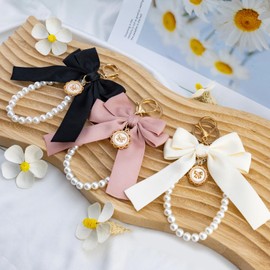 WXCATIM Bow Keychain Pearl Wristlet Girly Keychain For Purse Backpack 3Pcs Cute Accessories For Car Keys Wristlet Keychain For Women Girls Friends Pink White Black