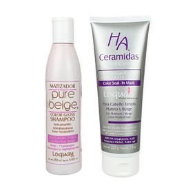 Loquay Kit Matizador Shampoo y Mascarilla Acondicionadora Cabello Rubios Tonos Beige Ha Ceramidas con Perlas de color y Acido Hialurónico