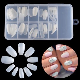 FAMEZA 100Pcs Short Fake Nails Acrylic False Nail Tips Full Cover Artificial Nail With Box(Coffin-Natural)
