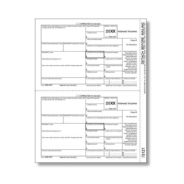 IRS Approved 1099-INT Copy B Tax Form - 100 Forms