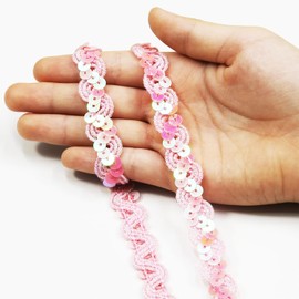 12 Yards，Wide 0.59 Inch Pink Sequin Ribbon Trim for DIY Sewing Dress Dance Costumes，Headband (Pink)