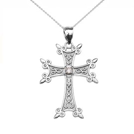 Claddagh Gold Religious Jewelry Solitaire Diamond Armenian Cross Pendant Necklace in Sterling Silver 18"