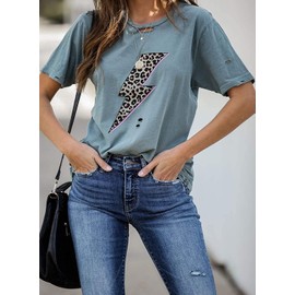 INFITTY Womens Vintage Graphic Tees Distressed Funny Printed T Shirts Round Neck Leopard Print Tops Blue Medium