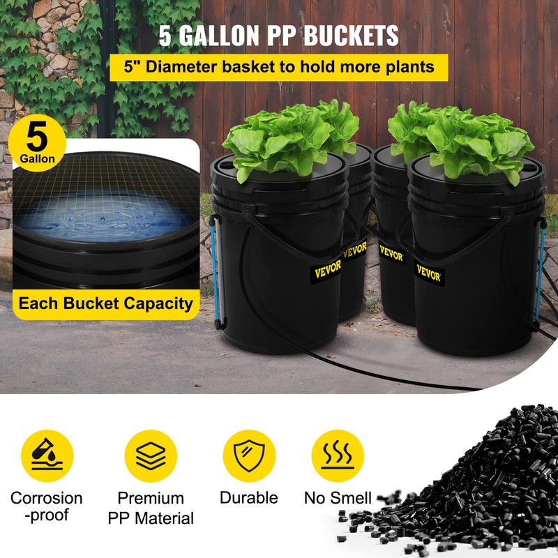 VEVOR DWC Hydroponic System, 5 Gallon 4 Buckets, Deep Water