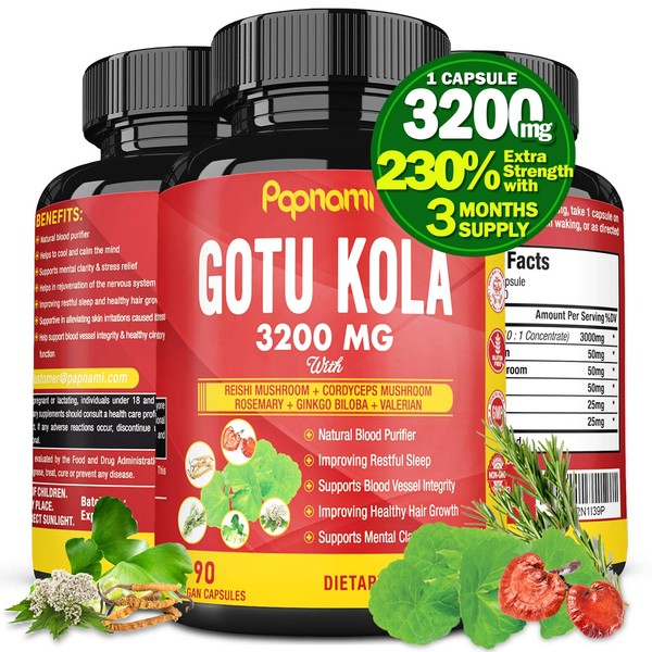 Organic Gotu Kola Extract Capsules Equivalent to 3200MG & Reishi, Cordyceps, Rosemary, Gingko Biloba, Valerian Powder | Brain Booster for Clarity Memory Focus| Nervous System Support, 3 Months Supply