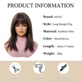 OUFEI Mixed Brown Wigs for Women Medium Length Long Straight Wig with Bangs Synthetic Hair Heat Resistant Wigs for Everyday Party Cosplay Wear