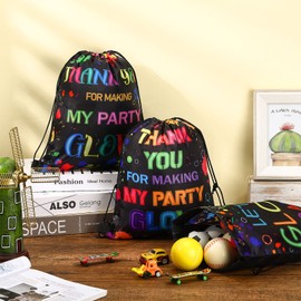 Sweetude 24 Pcs Let's Glow Party Neon Goodie Bags Gifts Drawstring Bags Decoration Favor Storage for Girls Kids Birthday Wedding Party Decoration